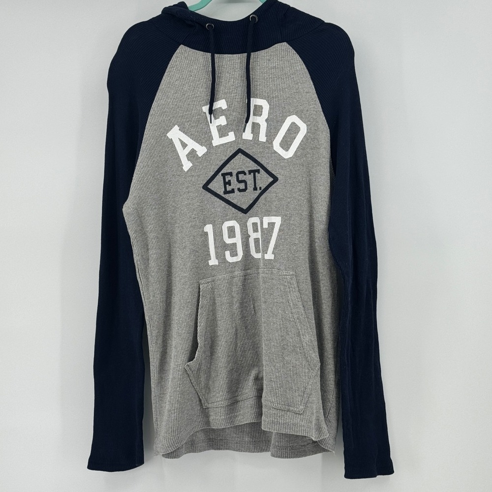 Aeropostale Mens Waffle Knit Thermal Hoodie L Grey Navy‎ Blue Aero 1987 Graphic